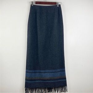 Vintage Maxi Skirt Womens 2 Gray Flannel Blue Blanket Stripe Fringe Long Preppy